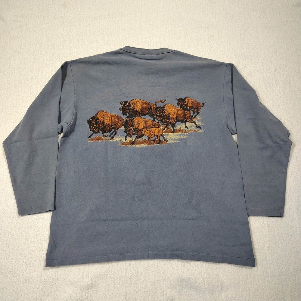 VINTAGE Wildlife Shirt Large Blue Big Timber Montana Buffalo Single Stitch